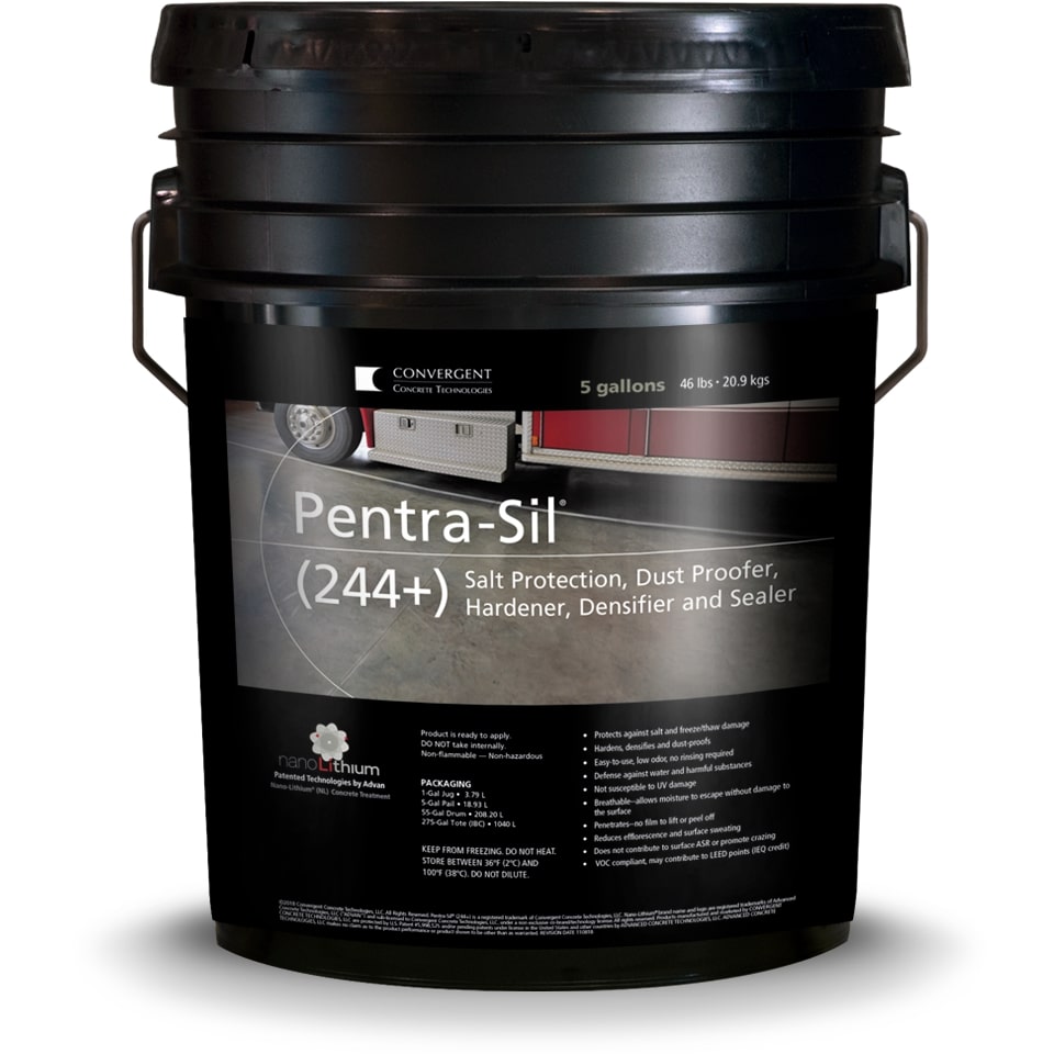 Black 5 gallon bucket labeled Pentra-Sil 244 plus