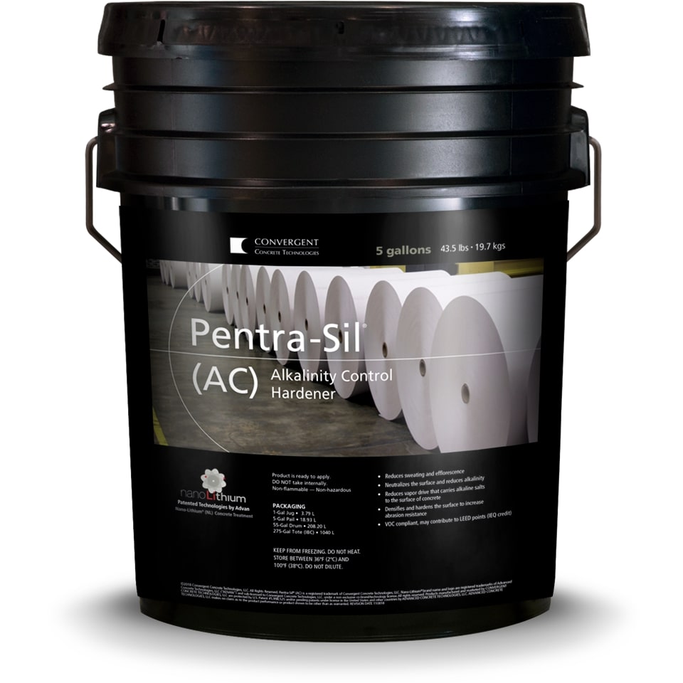 Black 5 gallon bucket labeled Pentra-Sil AC