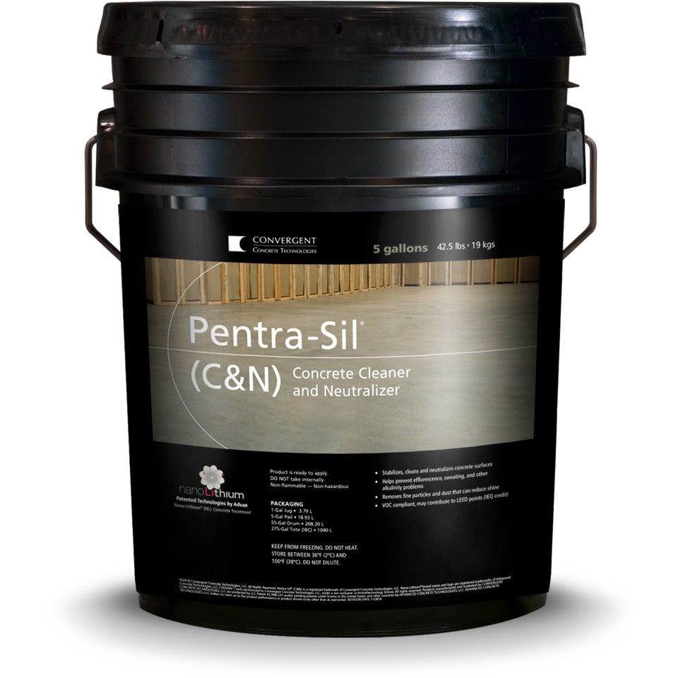 Black 5 gallon bucket labeled Pentra-Sil C and N
