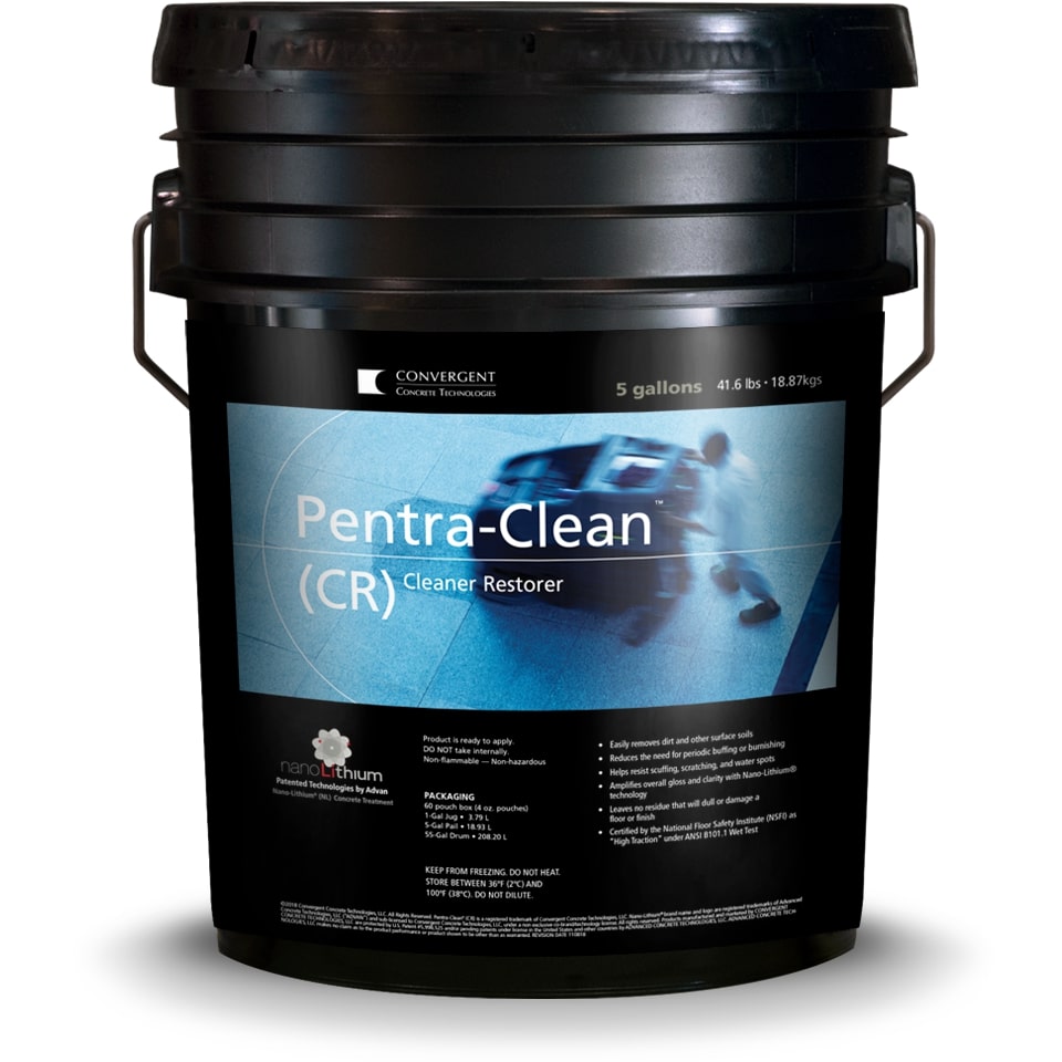 Black 5 gallon bucket labeled Pentra-Clean CR