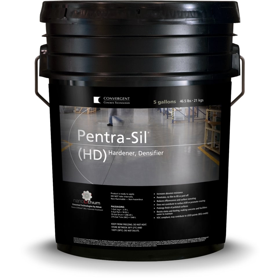 Black 5 gallon bucket labeled Pentra-Sil HD