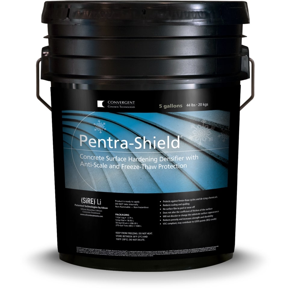 Black 5 gallon bucket labeled Pentra-Shield 