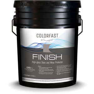 Black 5 gallon bucket labeled colorfast finish for concrete floors