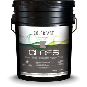 Black 5 gallon pail labled colorfast gloss for commercial concrete floor